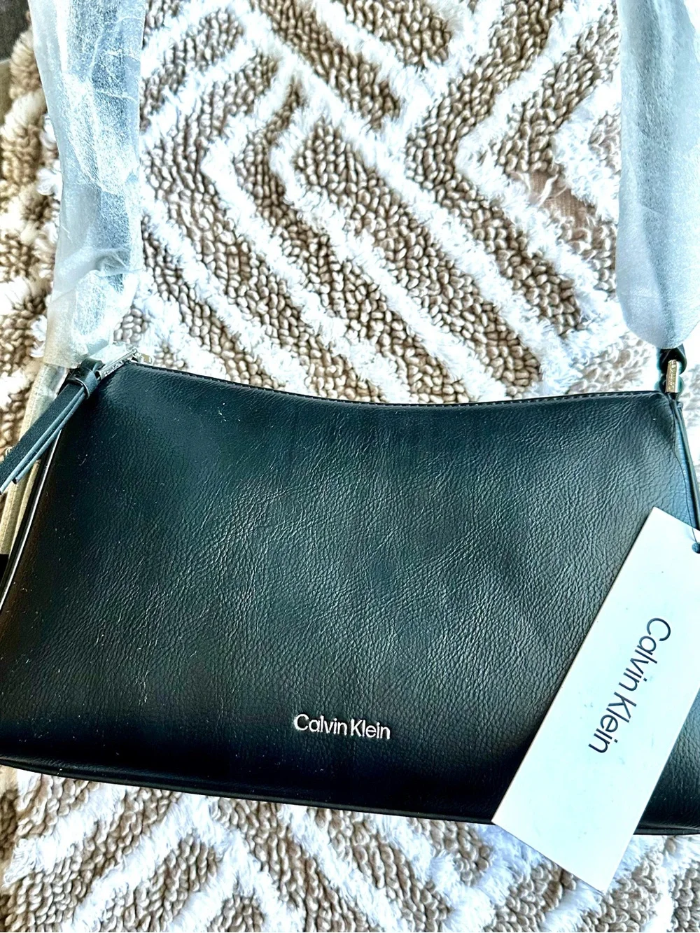 Calvin Klein Black Leather Shoulder Bag with Silver Logo